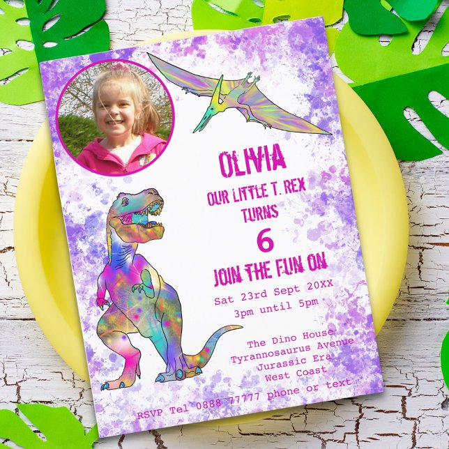 Dinosaur 5th Birthday T Rex Girl Photo Purple Pink Invitation Postcard (Dinosaur T-Rex girls 5th birthday party budget invitation postcard with photo template watercolor)