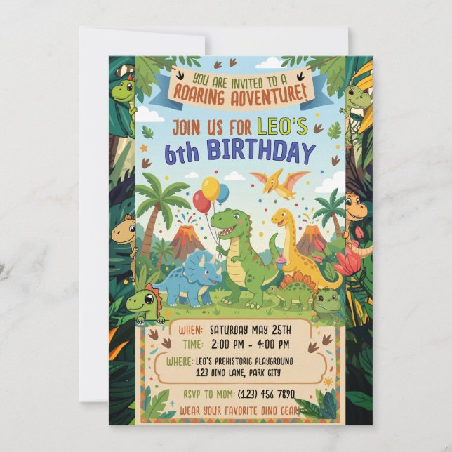 Dinosaur 6th Birthday Jungle Party Adventure Flat Invitation (Front)