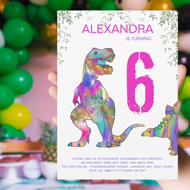 Dinosaur 6th Birthday Party for Girls pink Invitation (Colorful dinosaur girls 6th birthday party invitation T-Rex and stegosaurus & bright pink typography)