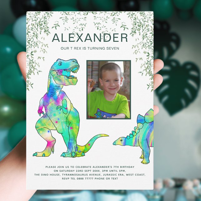 Dinosaur 7th Birthday Party Photo Invitation (Dinosaur 7th birthday party with T-Rex and stegosaurus dino and Jurassic jungle colorful watercolor )
