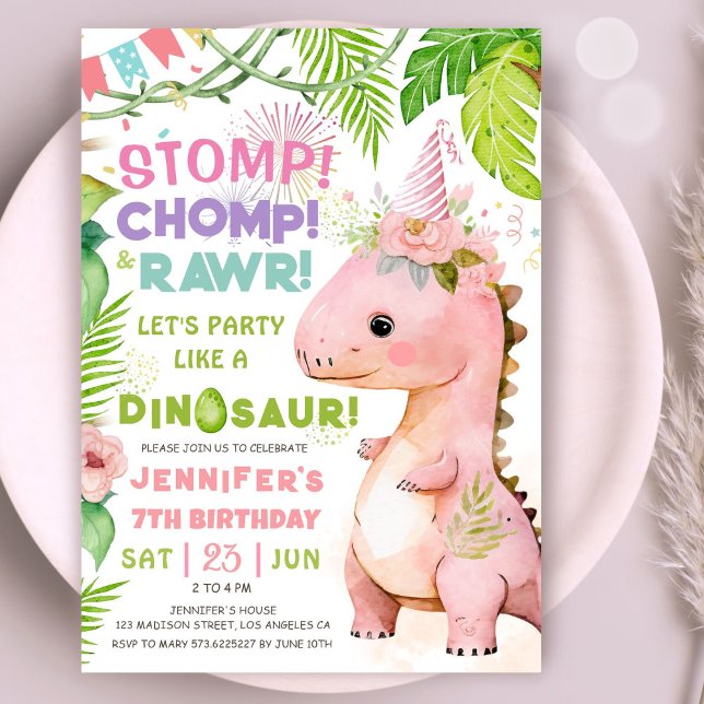 Dinosaur 7th Birthday Party Pink Dinosaur Girls In Invitation (Creator Uploaded)