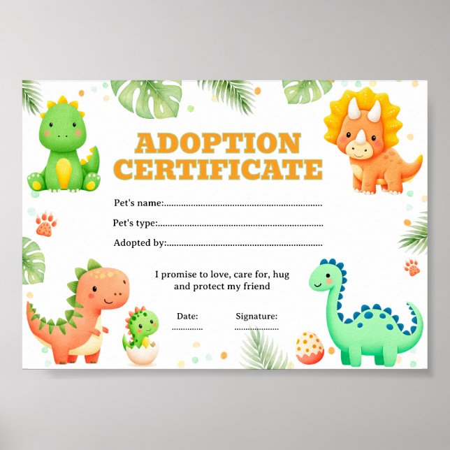Dinosaur adopt a pet colouring certificate poster (Front)