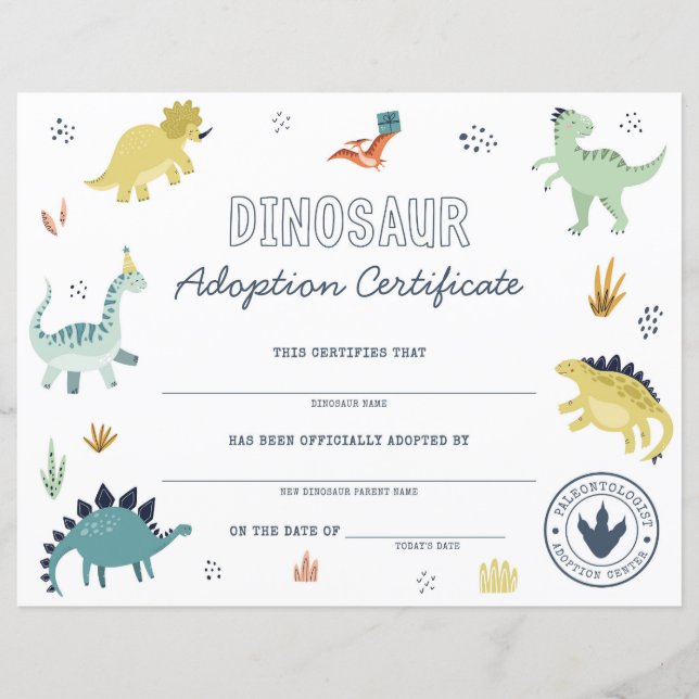 Dinosaur Adoption Certificate (Front)