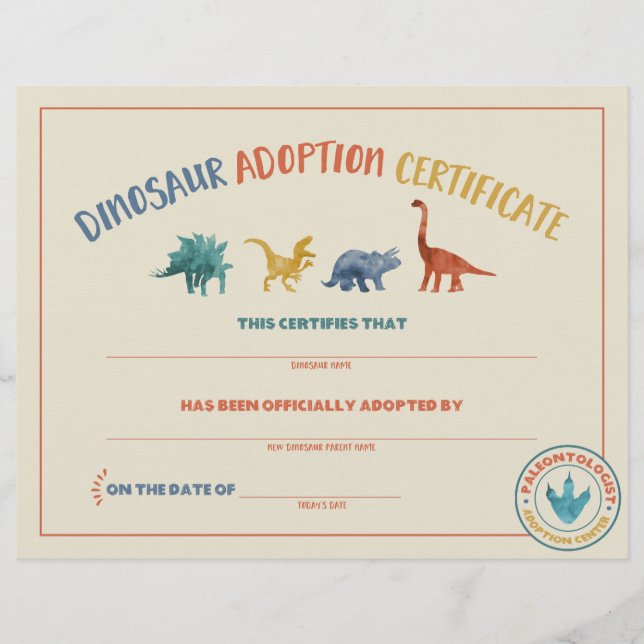 Dinosaur Adoption Certificate (Front)