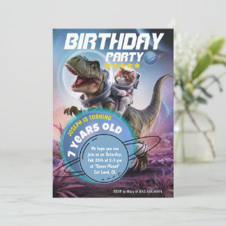 Dinosaur and Cat Astronaut Birthday Party Invitation