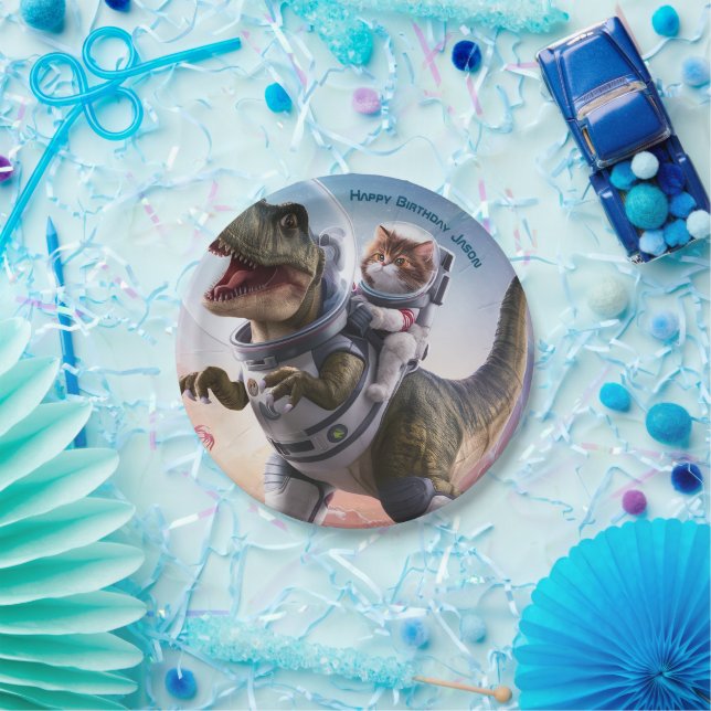 Dinosaur and Cat Astronaut Customisable Paper Plate (Party)