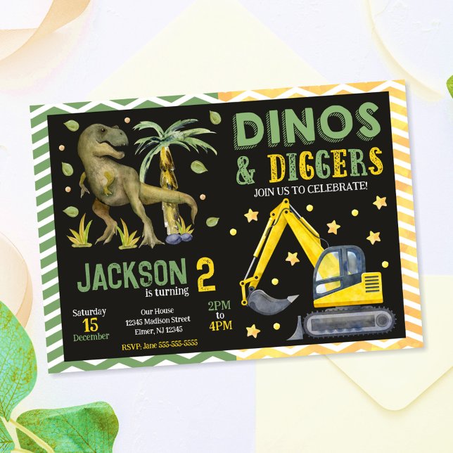 Dinosaur and Construction Dinos & Diggers Birthday Invitation (Creator Uploaded)
