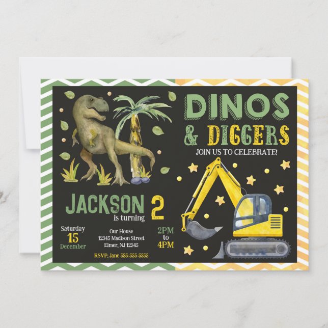 Dinosaur and Construction Dinos & Diggers Birthday Invitation (Front)