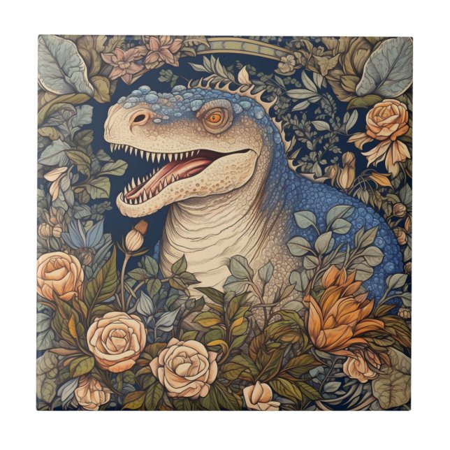 Dinosaur and flowers art nouveau style tile (Front)