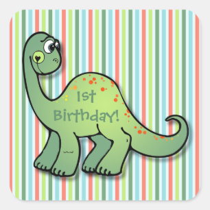 Dinosaur and Stripes 1st Birthday 1.5" Sq. Sticker