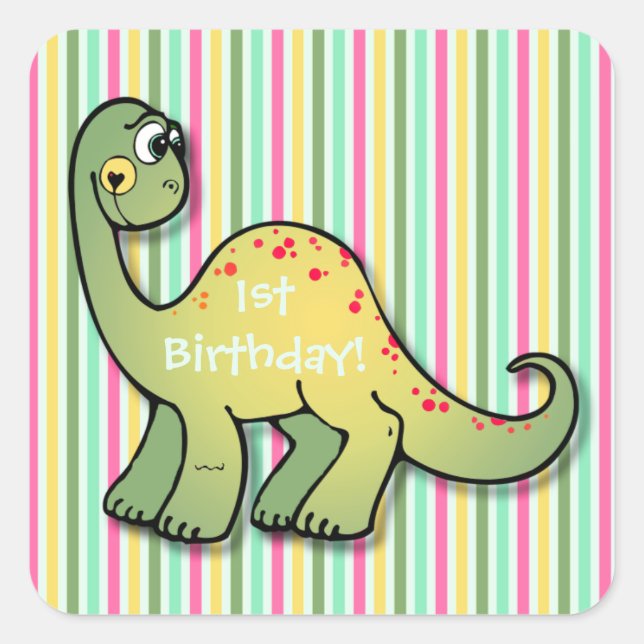 Dinosaur and Stripes 1st Birthday 1.5" Sq. Sticker (Front)