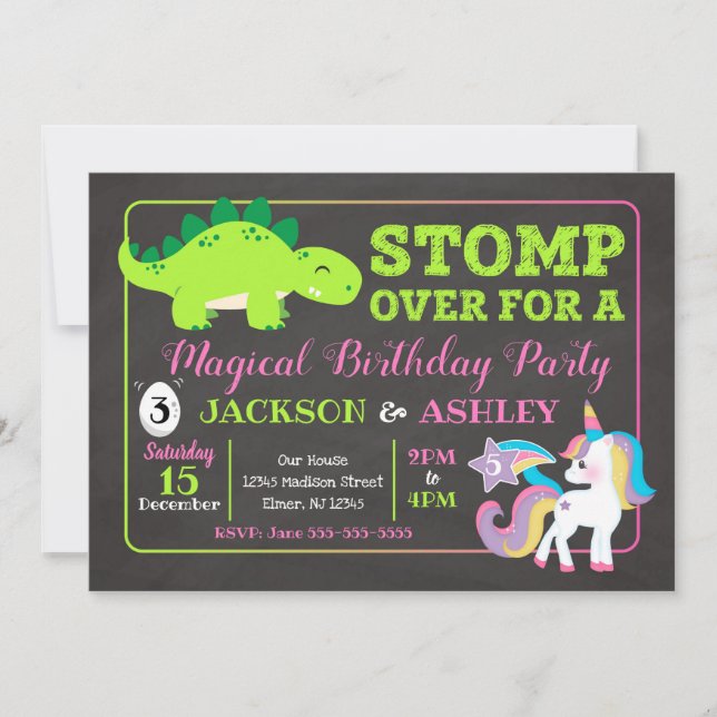 Dinosaur and Unicorn Joint Birthday Invitation (Front)
