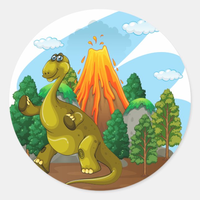 Dinosaur and volcano eruption classic round sticker (Front)