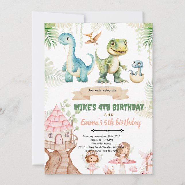 Dinosaur and Woodland Fairy invitation (Front)