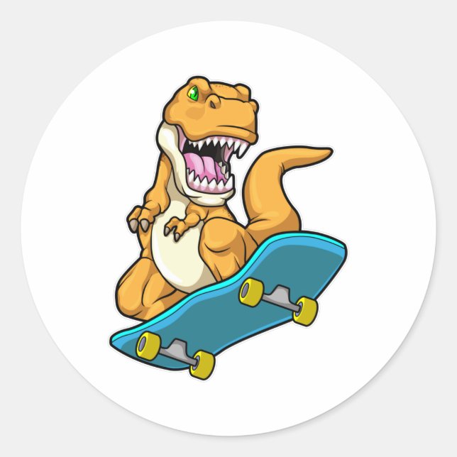 Dinosaur as Skater with Skateboard Classic Round Sticker (Front)