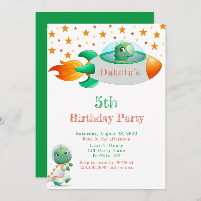 Dinosaur Astronaut Rocketship Boy Birthday Party I Invitation (Front/Back)