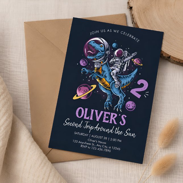 Dinosaur Astronaut Second Trip Around the Sun Invitation (Creator Uploaded)
