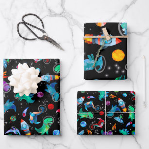 Dinosaur Astronauts Watercolor Space Dino Birthday Wrapping Paper Sheet