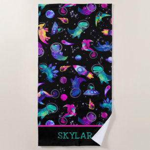 Dinosaur Astronauts Watercolor Space Personalised Beach Towel