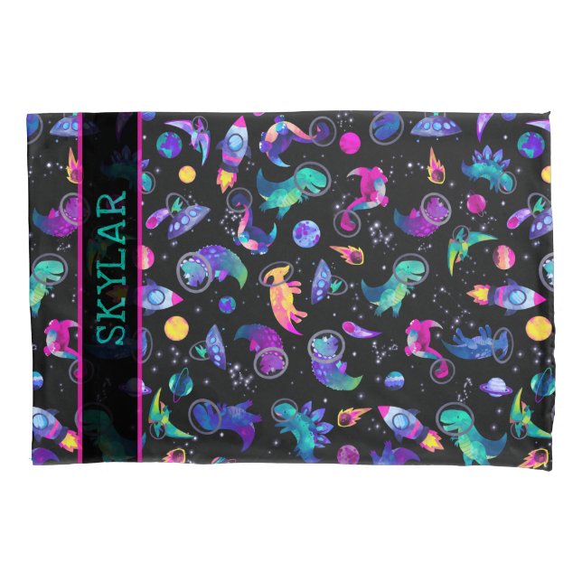 Dinosaur Astronauts Watercolor Space Personalised Pillowcase (Front)
