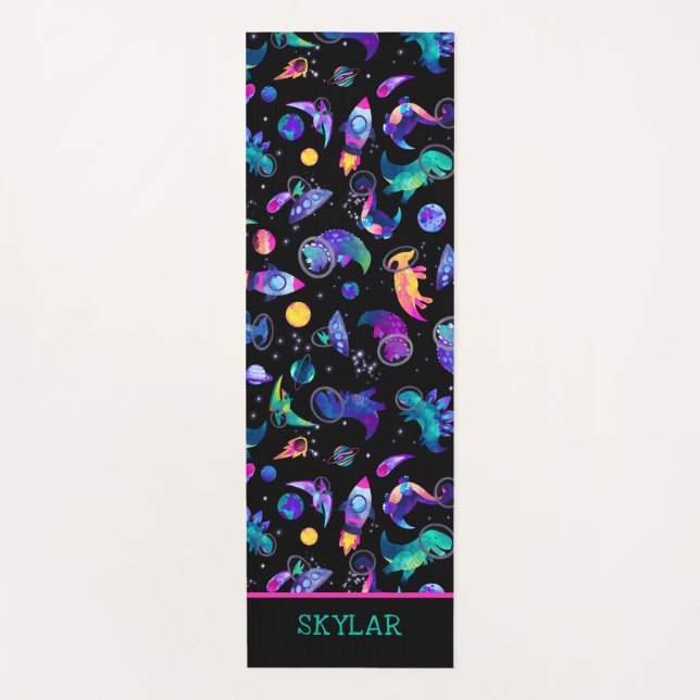 Dinosaur Astronauts Watercolor Space Personalised Yoga Mat (Front)