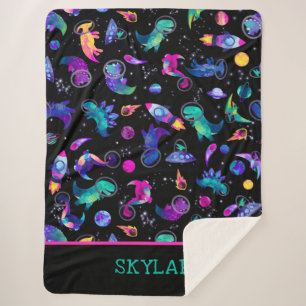 Dinosaur Astronauts Watercolor Space Personalized Sherpa Blanket