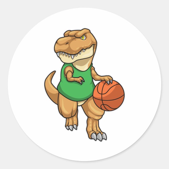 Dinosaur at Sports with Basketball Classic Round Sticker (Front)