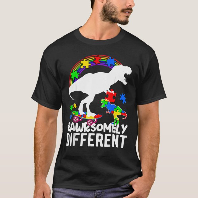 Dinosaur Autism Awareness Puzzle Rawrsomely Differ T-Shirt (Front)