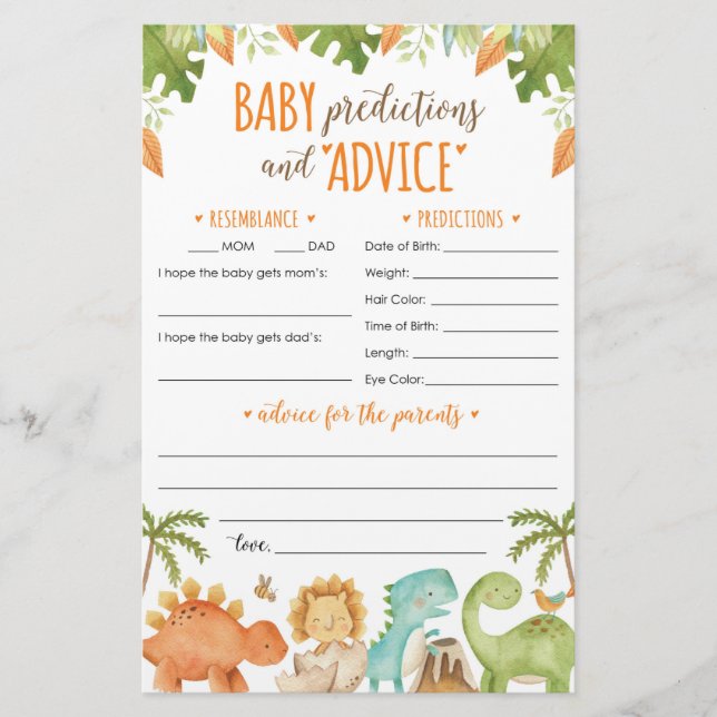Dinosaur Baby Predictions and Advice Card (Front)