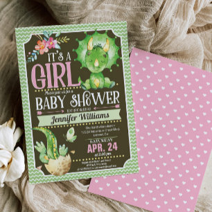 Dinosaur Baby Shower Invitation Girl, Green & Pink