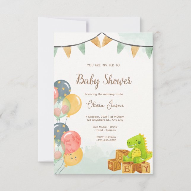 Dinosaur Baby Shower Invitation | Green & Yellow  (Front)