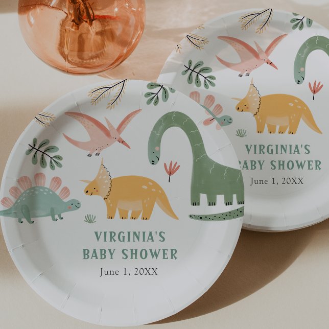 Dinosaur Baby Shower Paper Plate (Cute Dinosaur Decor Baby Shower Paper Plates by Painted Paperie
)