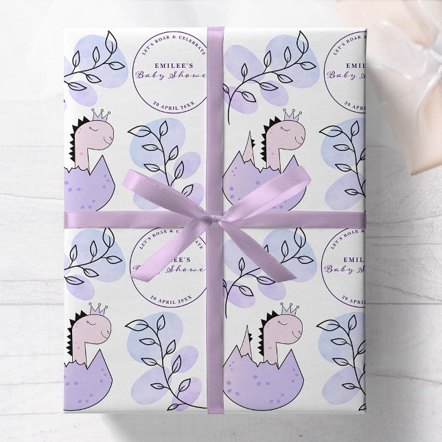 Dinosaur Baby Shower Pink Purple Wrapping Paper (Creator Uploaded)