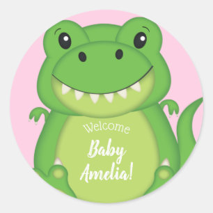 Dinosaur Baby Shower T-Rex Pink Girl Classic Round Sticker