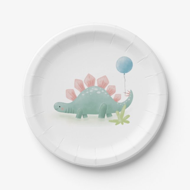 Dinosaur Balloon Kid's Birthday Paper Plate (Front)