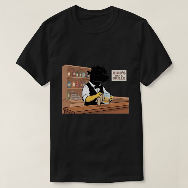 Dinosaur Bartender Bar Beer Funny Cartoon T-Shirt (Design Front)