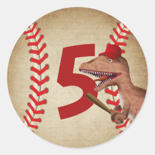 Dinosaur Baseball Boys 5th Birthday Party Classic Round Sticker