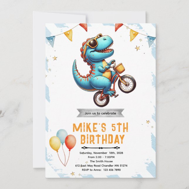 Dinosaur Bike Birthday Invitation (Front)