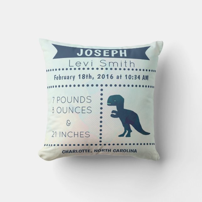 Dinosaur Birth Stats Pillow Navy Blue (Front)