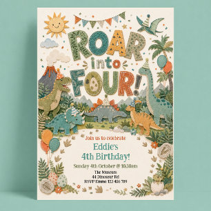 Dinosaur Birthday 4th Roar into Four Invitation