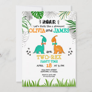 Dinosaur Birthday ANY AGE Twins Party  watercolor  Invitation