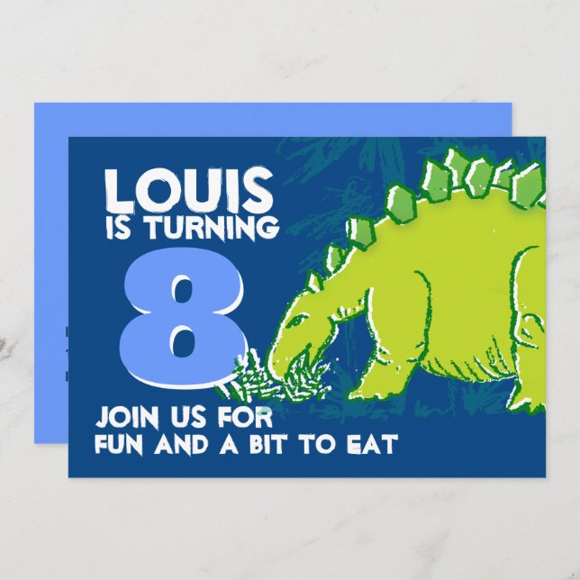 Dinosaur birthday boy 8th blue green invitation (Front/Back)