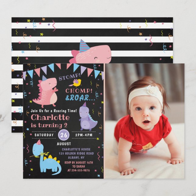 Dinosaur Birthday Chalkboard Pink Dino Party Photo Invitation (Front/Back)