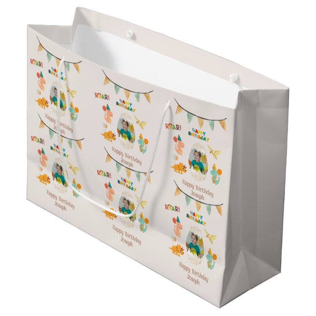 Dinosaur Birthday Gift Bag – Custom Name & Photo  (Front Angled)
