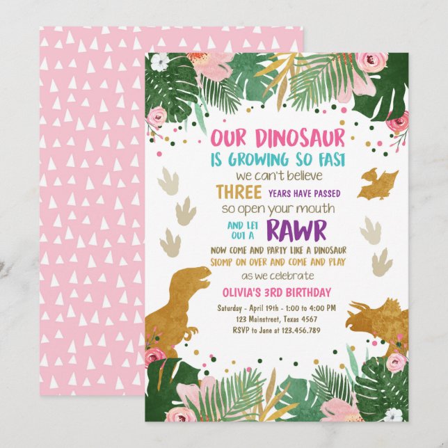 Dinosaur Birthday Girl Gold Pink Leaves Party Dino Invitation (Front/Back)