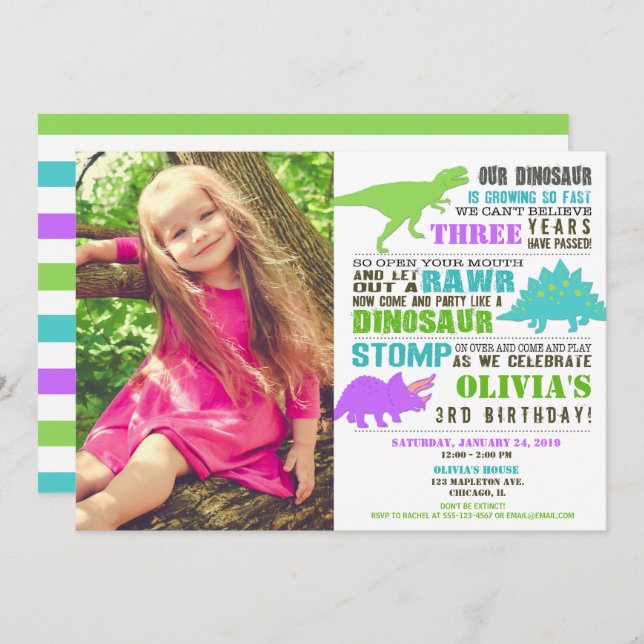 Dinosaur birthday girl purple green teal photo invitation (Front/Back)