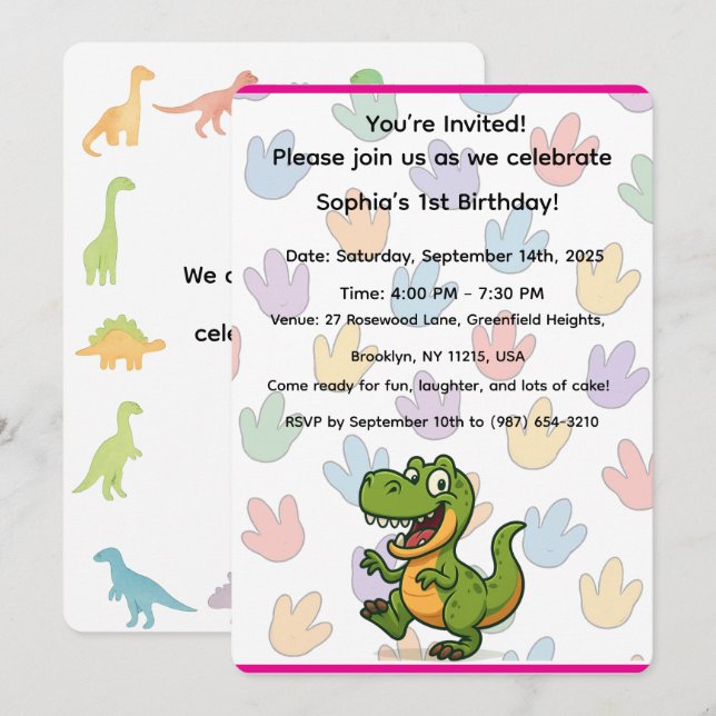 Dinosaur Birthday Invitation Card (Front/Back)