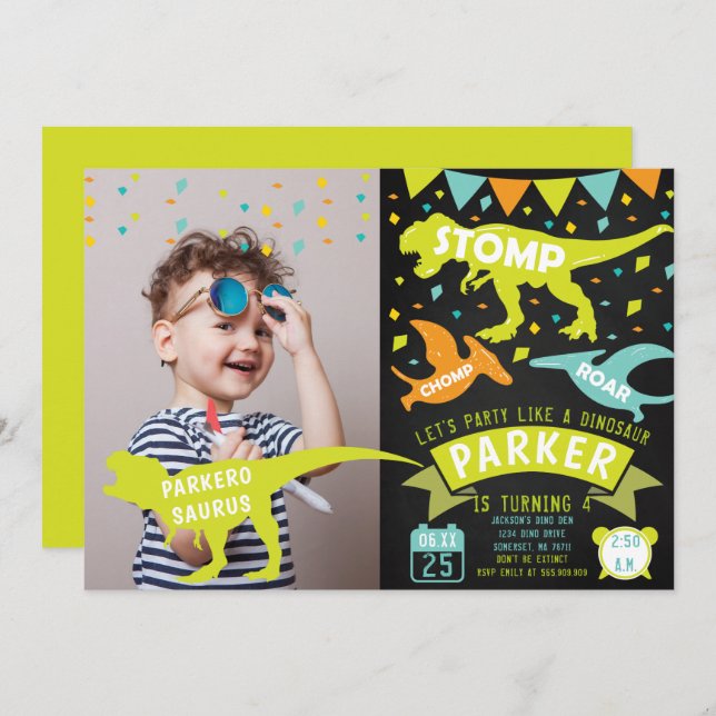 Dinosaur Birthday Invitation Chalkboard Photo (Front/Back)