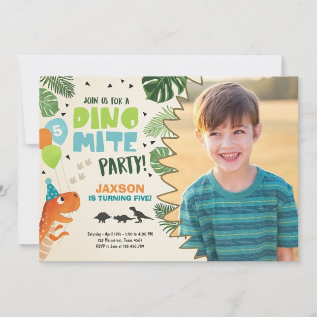 Dinosaur birthday invitation Dino mite T-Rex party (Front)