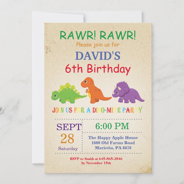 Dinosaur Birthday Invitation Dino Party (Front)